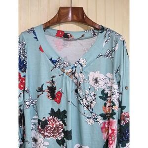 Hibelle Shirt Womens Large Blue Floral V Neck Long Sleeve Tunic Top Roll Tab